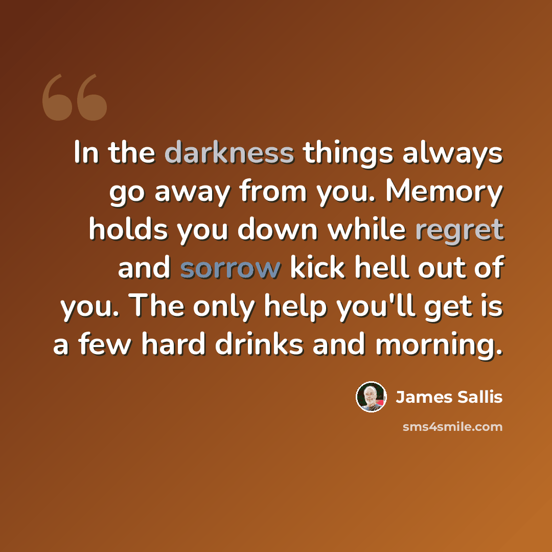 “In the darkness things always go away from you. Memory holds you down while regret and sorrow kick hell out of you. The only help you'll get is a few hard drinks and morning.” quote by James Sallis