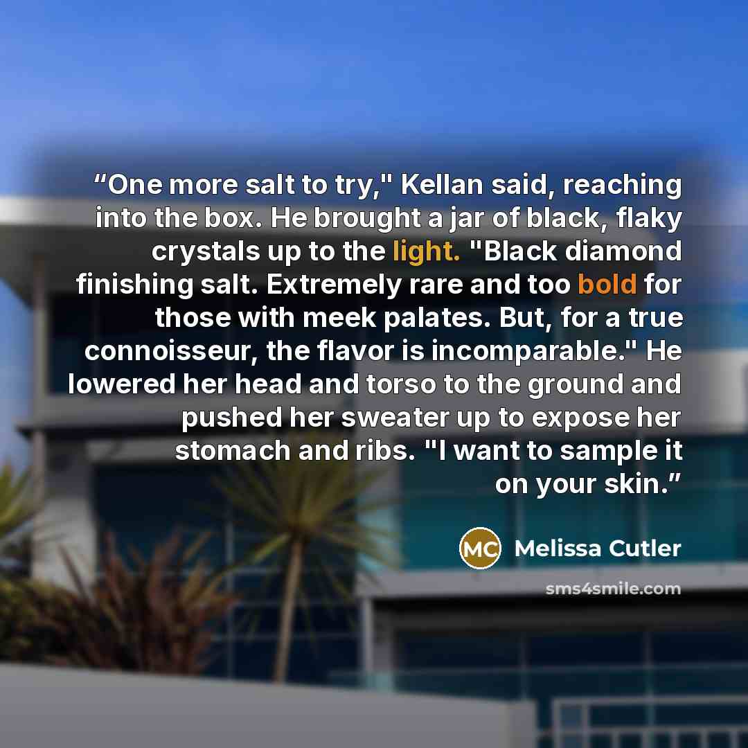 “One more salt to try," Kellan said, reaching into the box. He brought a jar of black, flaky crystals up to the light. "Black diamond finishing salt. Extremely rare and too bold for those with meek palates. But, for a true connoisseur, the flavor is incomparable." He lowered her head and torso to…” quote by Melissa Cutler