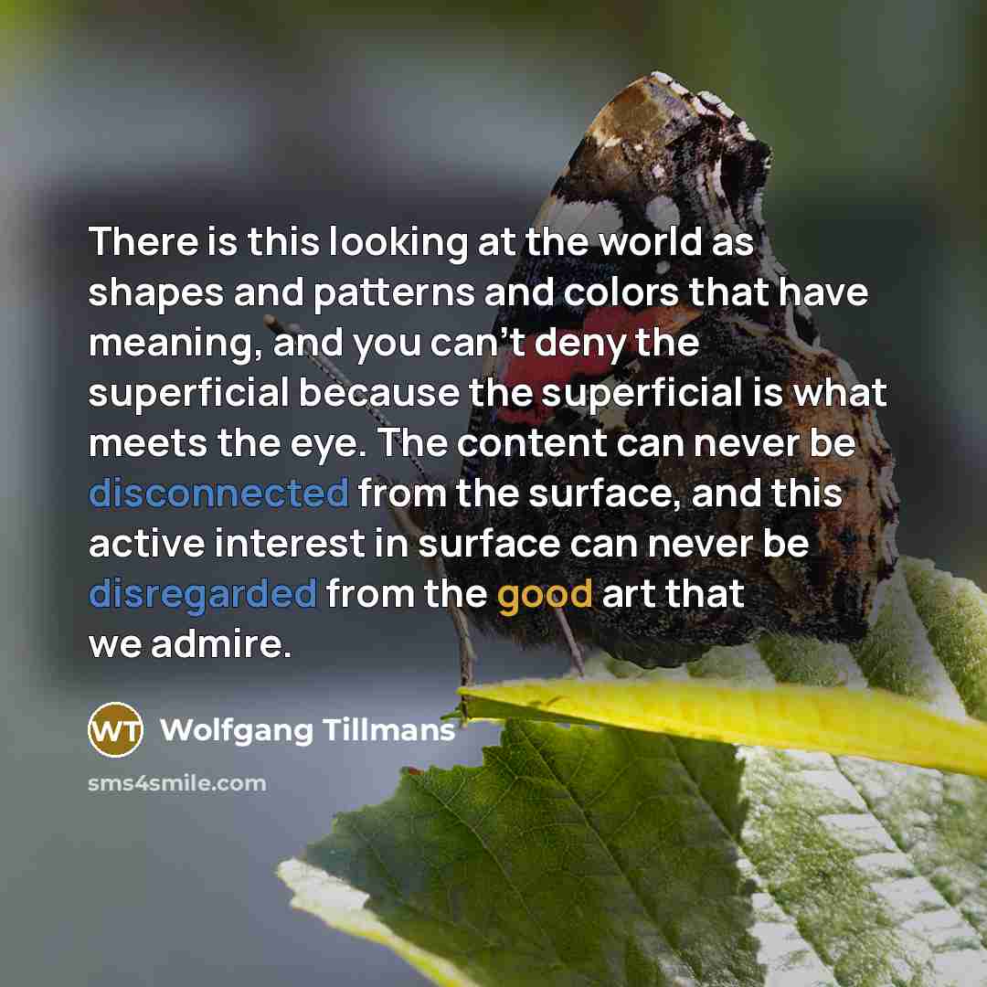 “There is this looking at the world as shapes and patterns and colors that have meaning, and you can't deny the superficial because the superficial is what meets the eye. The content can never be disconnected from the surface, and this active interest in surface can never be disregarded from the…” quote by Wolfgang Tillmans