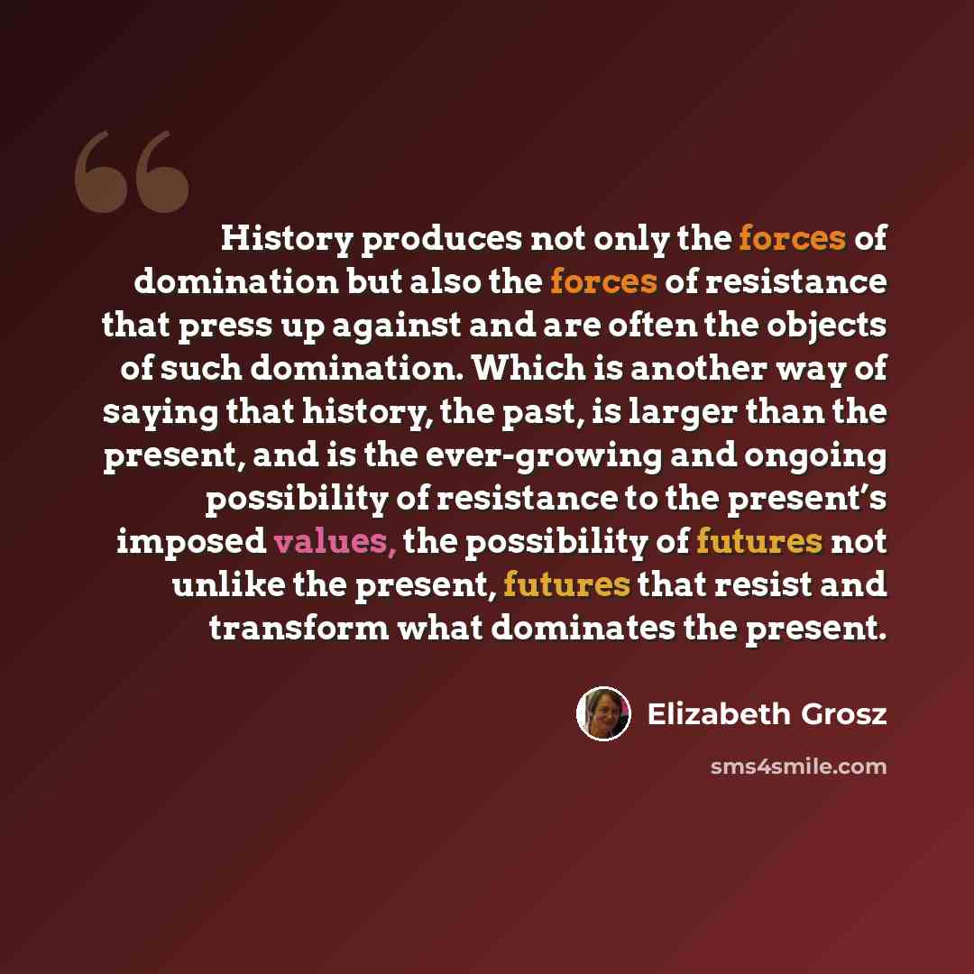 “History produces not only the forces of domination but also the forces of resistance that press up against and are often the objects of such domination. Which is another way of saying that history, the past, is larger than the present, and is the ever-growing and ongoing possibility of resistance…” quote by Elizabeth Grosz