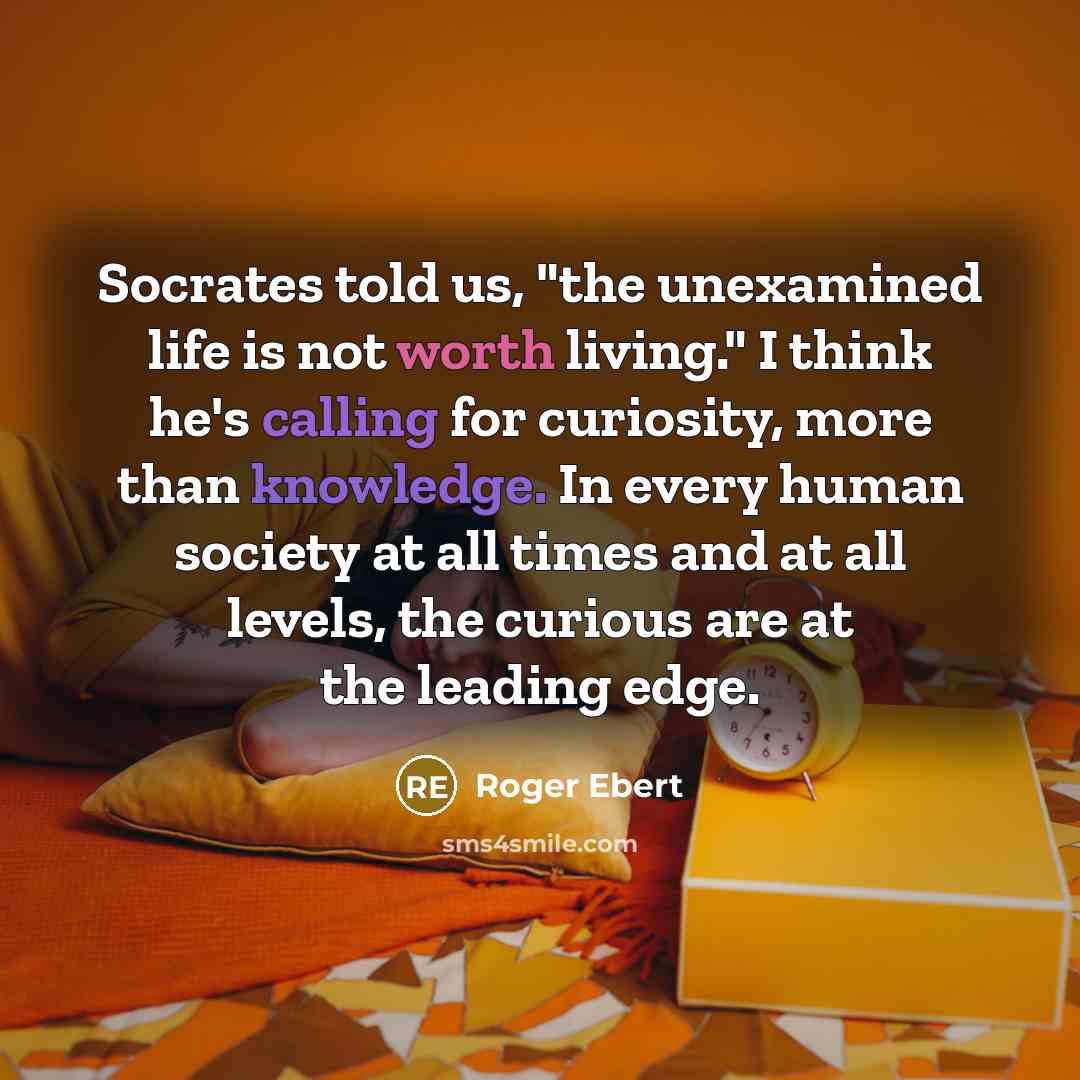 “Socrates told us, "the unexamined life is not worth living." I think he's calling for curiosity, more than knowledge. In every human society at all times and at all levels, the curious are at the leading edge.” quote by Roger Ebert