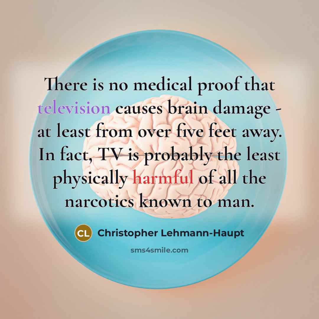 “There is no medical proof that television causes brain damage - at least from over five feet away. In fact, TV is probably the least physically harmful of all the narcotics known to man.” quote by Christopher Lehmann-Haupt