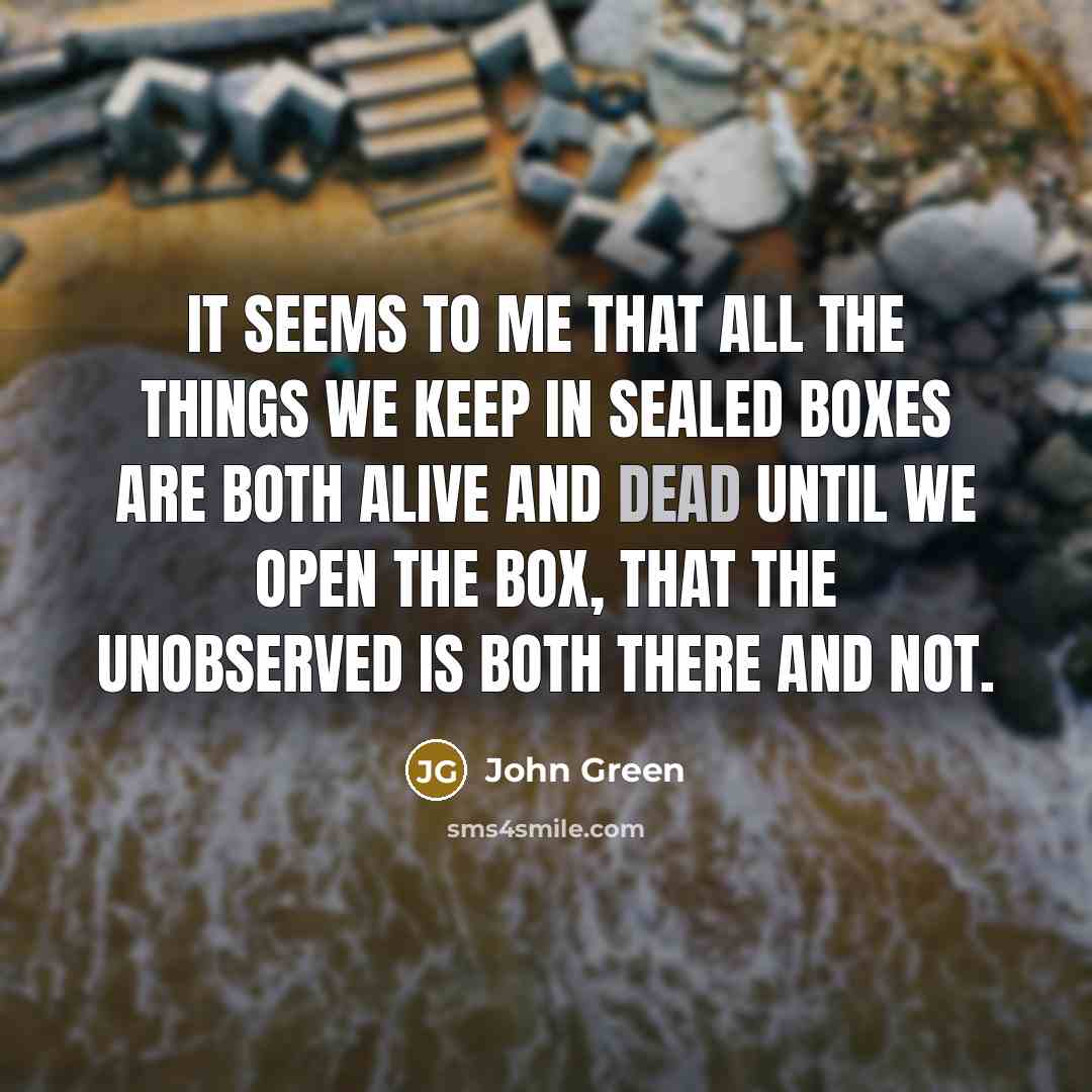 “It seems to me that all the things we keep in sealed boxes are both alive and dead until we open the box, that the unobserved is both there and not.” quote by John Green
