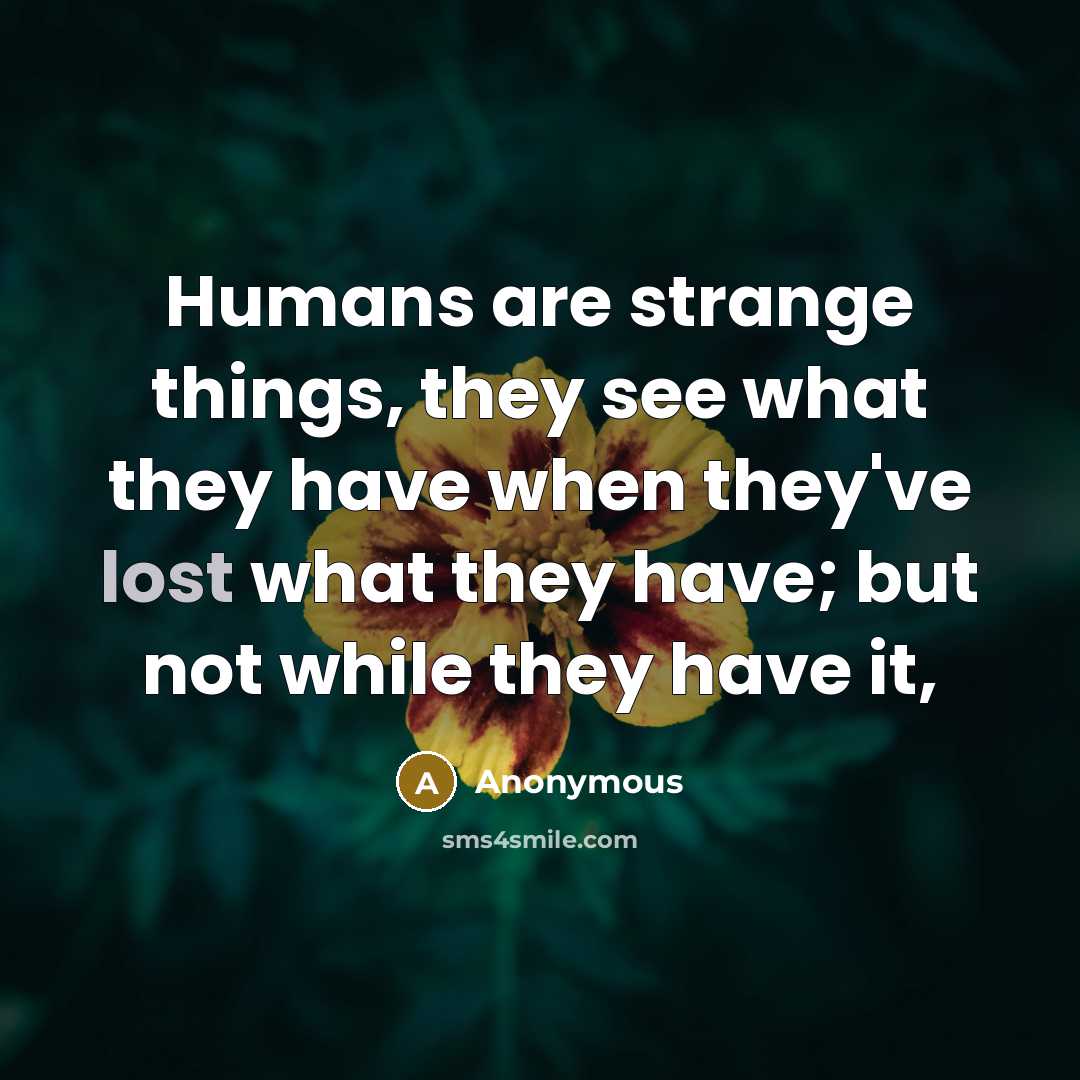 “Humans are strange things, they see what they have when they've lost what they have; but not while they have it,” quote by Anonymous