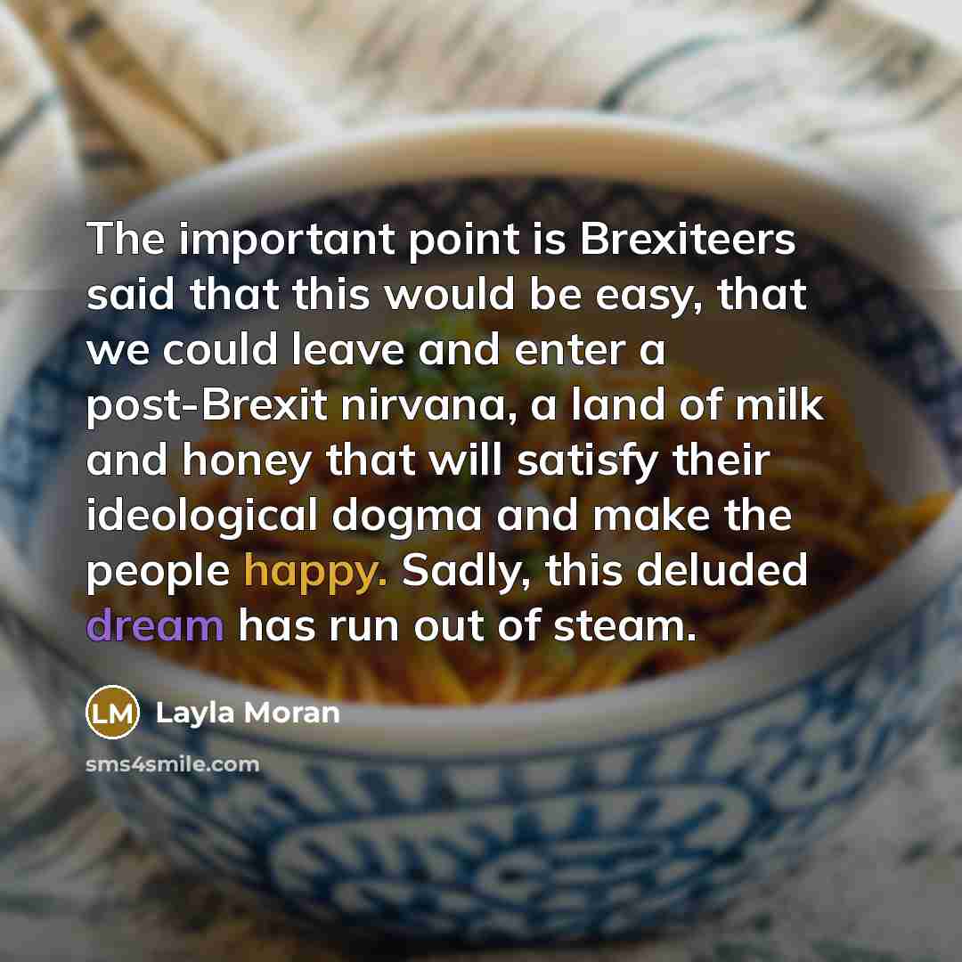 “The important point is Brexiteers said that this would be easy, that we could leave and enter a post-Brexit nirvana, a land of milk and honey that will satisfy their ideological dogma and make the people happy. Sadly, this deluded dream has run out of steam.” quote by Layla Moran