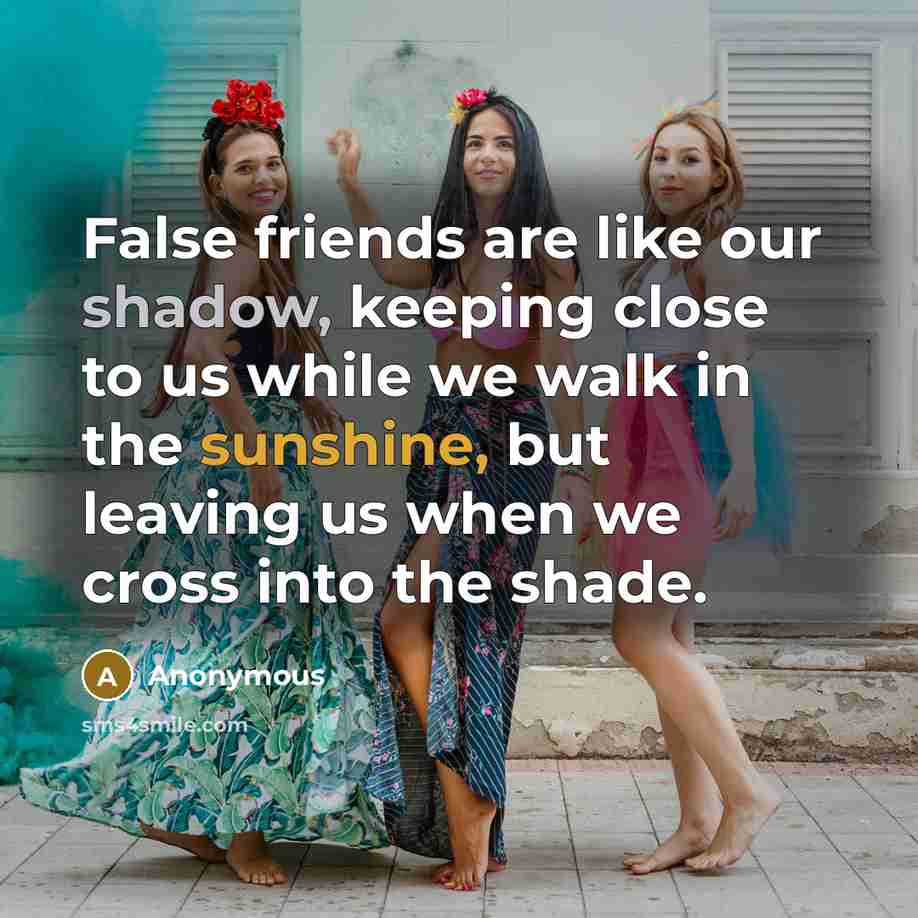 “False friends are like our shadow, keeping close to us while we walk in the sunshine, but leaving us when we cross into the shade.” quote by Anonymous