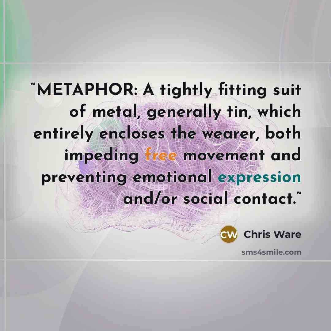 “METAPHOR: A tightly fitting suit of metal, generally tin, which entirely encloses the wearer, both impeding free movement and preventing emotional expression and/or social contact.” quote by Chris Ware