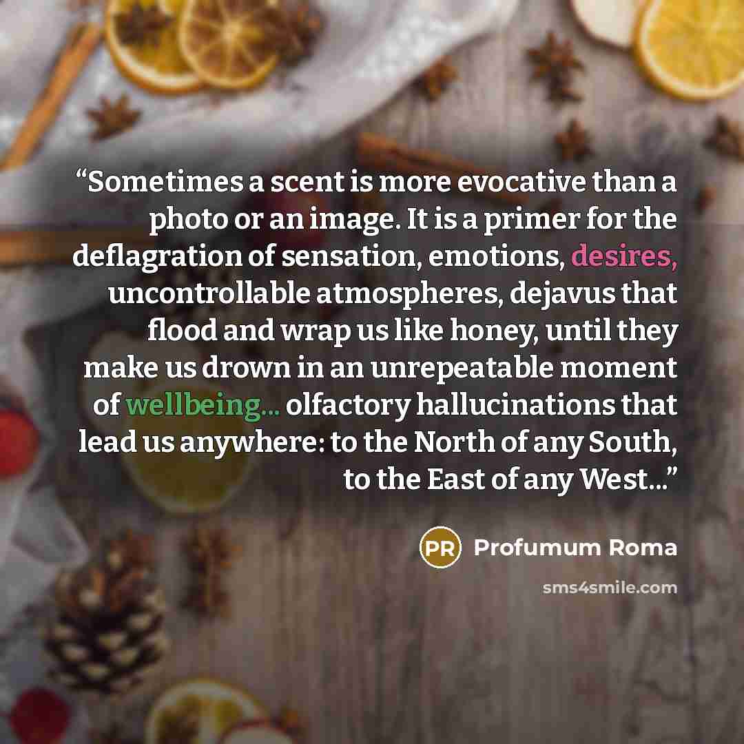 “Sometimes a scent is more evocative than a photo or an image. It is a primer for the deflagration of sensation, emotions, desires, uncontrollable atmospheres, dejavus that flood and wrap us like honey, until they make us drown in an unrepeatable moment of wellbeing... olfactory hallucinations that…” quote by Profumum Roma