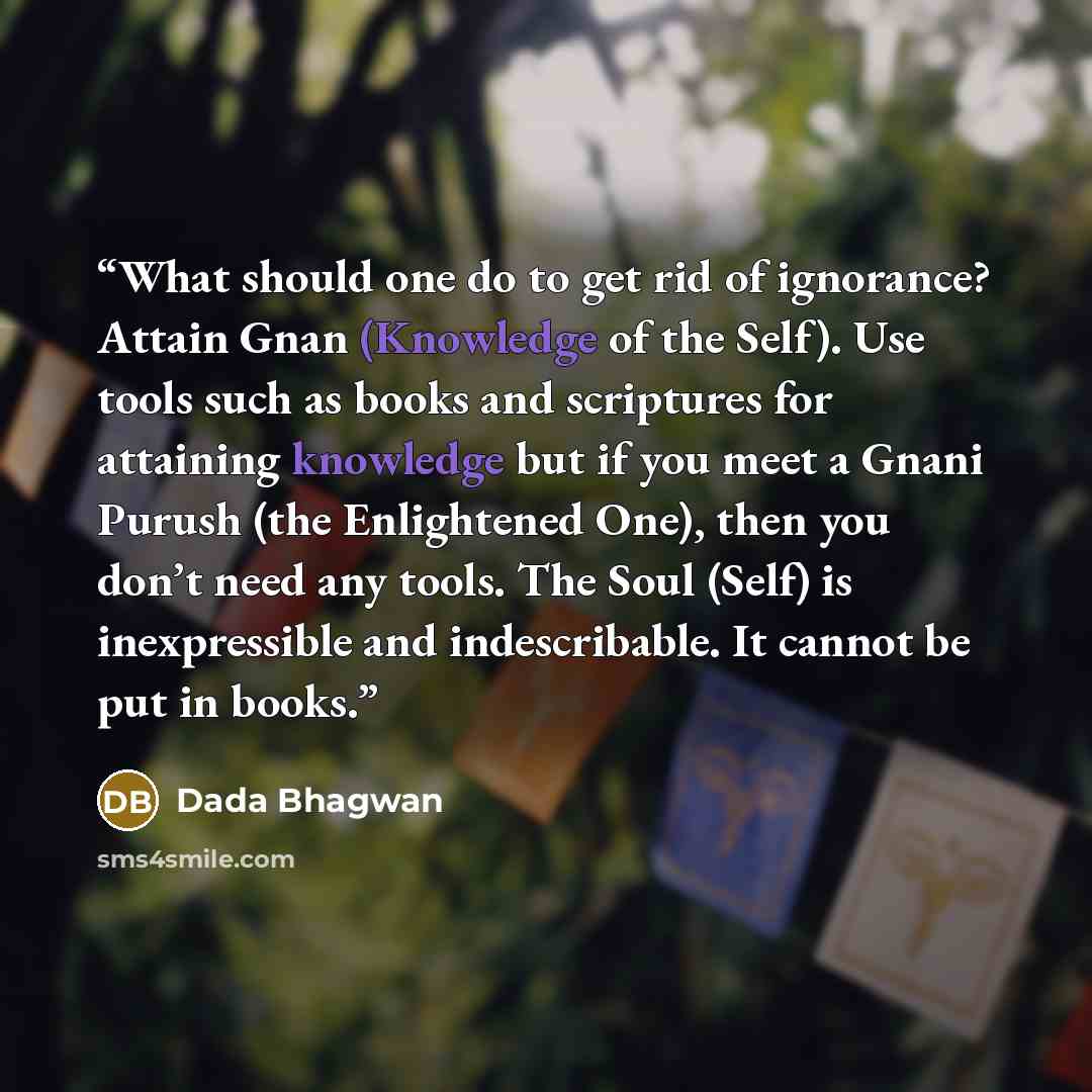 “What should one do to get rid of ignorance? Attain Gnan (Knowledge of the Self). Use tools such as books and scriptures for attaining knowledge but if you meet a Gnani Purush (the Enlightened One), then you don’t need any tools. The Soul (Self) is inexpressible and indescribable. It cannot be put…” quote by Dada Bhagwan