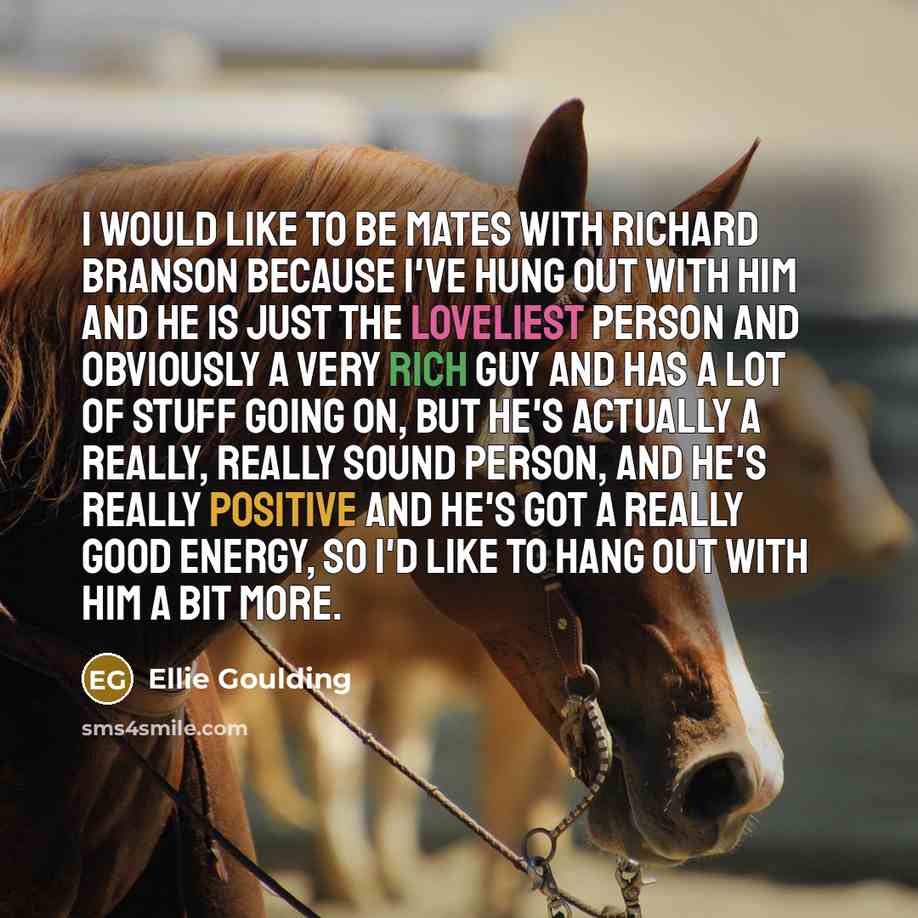“I would like to be mates with Richard Branson because I've hung out with him and he is just the loveliest person and obviously a very rich guy and has a lot of stuff going on, but he's actually a really, really sound person, and he's really positive and he's got a really good energy, so I'd like…” quote by Ellie Goulding