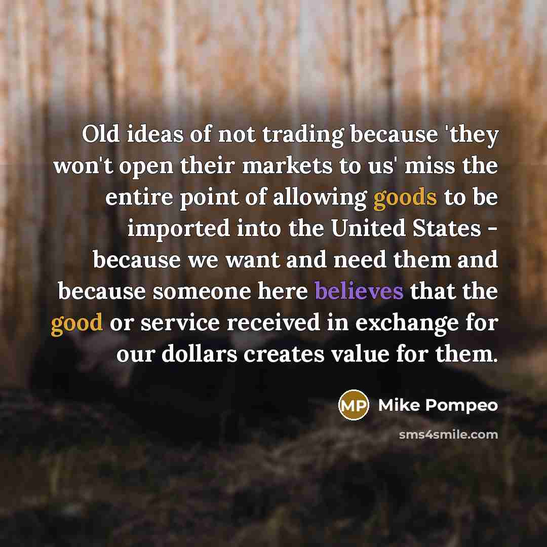 “Old ideas of not trading because 'they won't open their markets to us' miss the entire point of allowing goods to be imported into the United States - because we want and need them and because someone here believes that the good or service received in exchange for our dollars creates value for them.” quote by Mike Pompeo