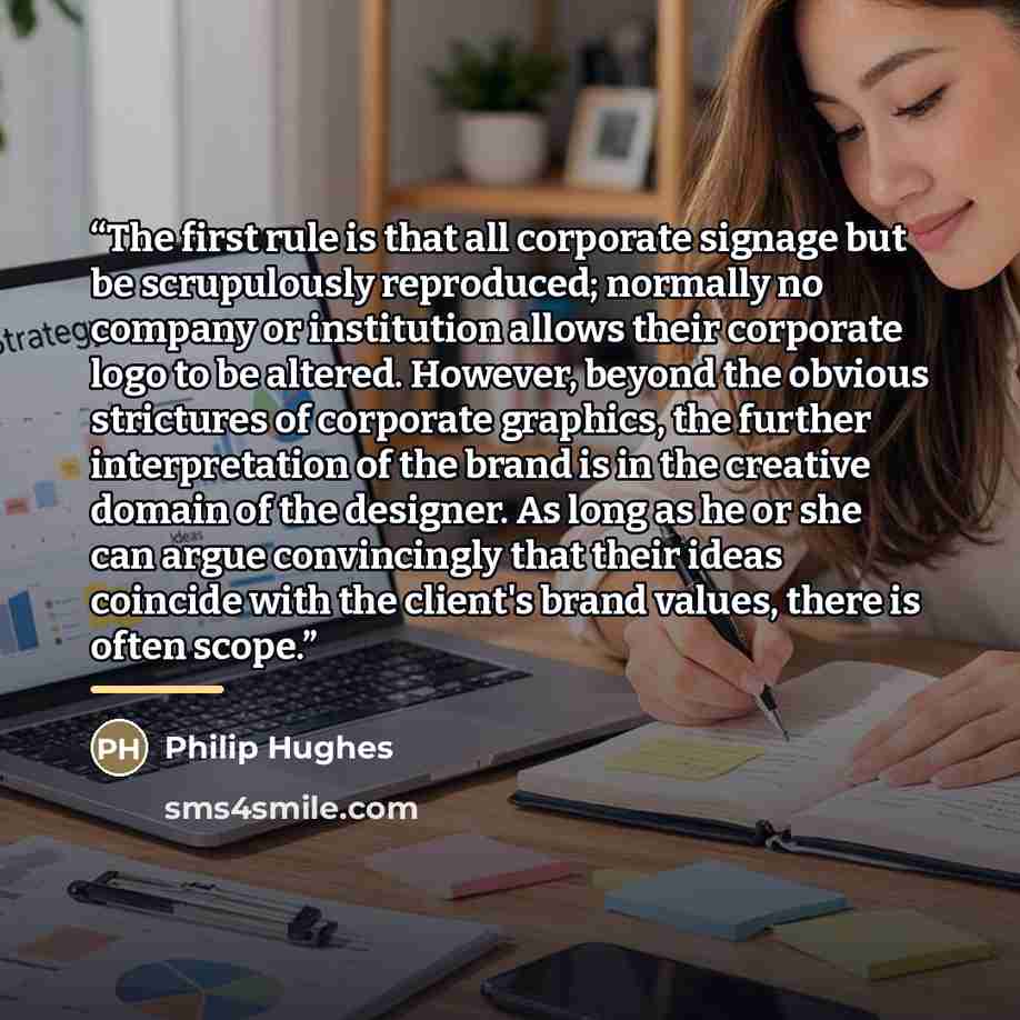 “The first rule is that all corporate signage but be scrupulously reproduced; normally no company or institution allows their corporate logo to be altered. However, beyond the obvious strictures of corporate graphics, the further interpretation of the brand is in the creative domain of the…” quote by Philip Hughes