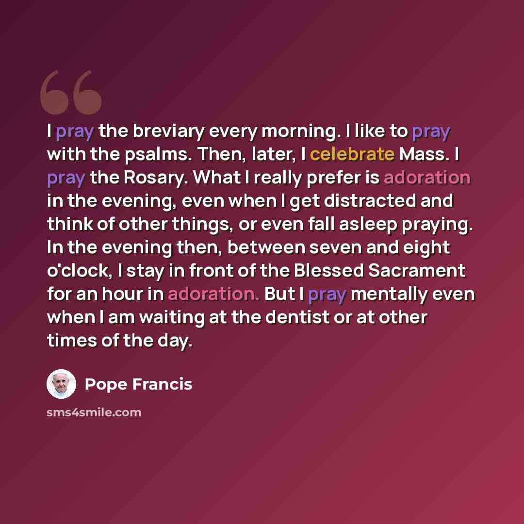 “I pray the breviary every morning. I like to pray with the psalms. Then, later, I celebrate Mass. I pray the Rosary. What I really prefer is adoration in the evening, even when I get distracted and think of other things, or even fall asleep praying. In the evening then, between seven and eight…” quote by Pope Francis