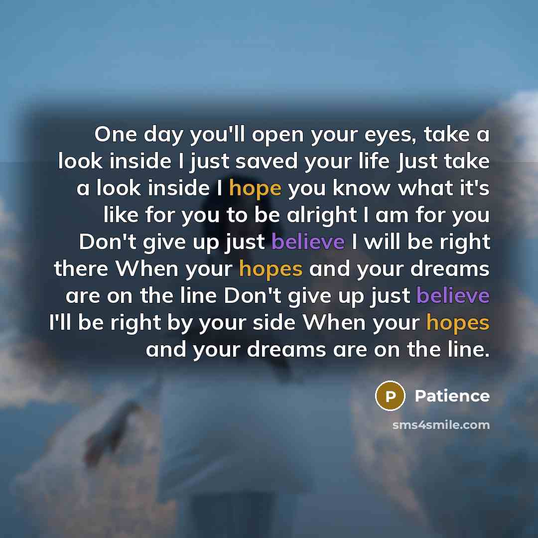 “One day you'll open your eyes, take a look inside I just saved your life Just take a look inside I hope you know what it's like for you to be alright I am for you Don't give up just believe I will be right there When your hopes and your dreams are on the line Don't give up just believe I'll be…” quote by Patience