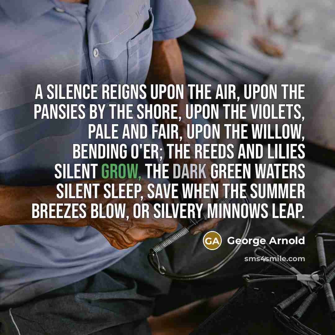 “A silence reigns upon the air, Upon the pansies by the shore, Upon the violets, pale and fair, Upon the willow, bending o'er; The reeds and lilies silent grow, The dark green waters silent sleep, Save when the summer breezes blow, Or silvery minnows leap.” quote by George Arnold