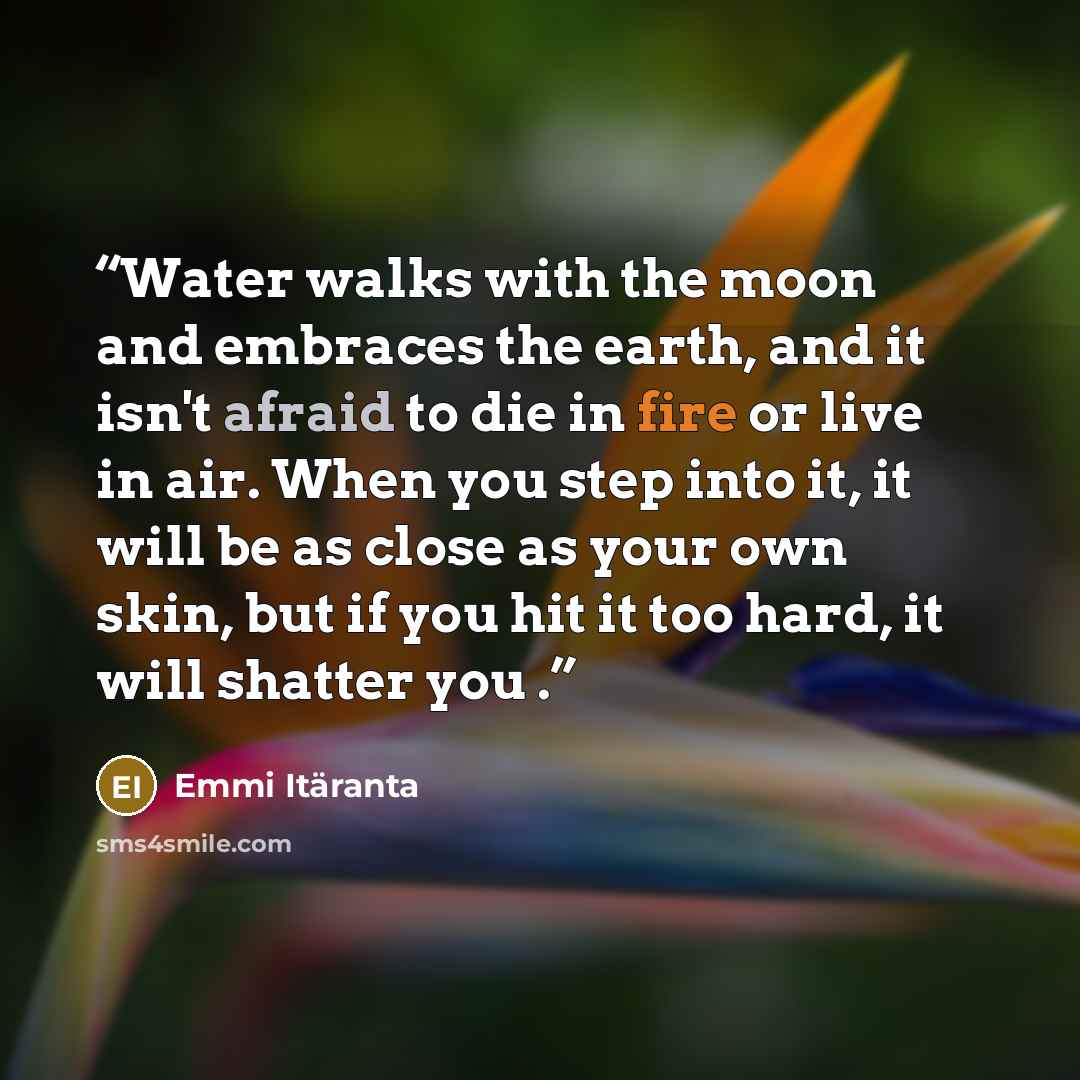 “Water walks with the moon and embraces the earth, and it isn't afraid to die in fire or live in air. When you step into it, it will be as close as your own skin, but if you hit it too hard, it will shatter you .” quote by Emmi Itäranta
