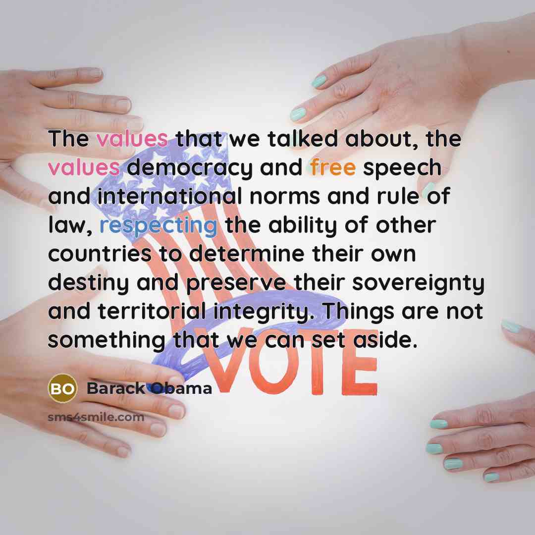 “The values that we talked about, the values democracy and free speech and international norms and rule of law, respecting the ability of other countries to determine their own destiny and preserve their sovereignty and territorial integrity. Things are not something that we can set aside.” quote by Barack Obama