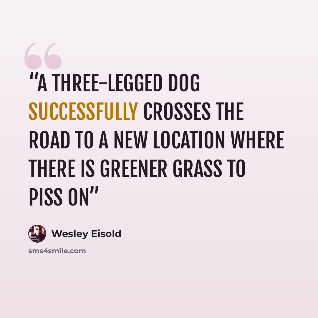 “A three-legged dog successfully crosses the road to a new location where there is greener grass to piss on” quote by Wesley Eisold