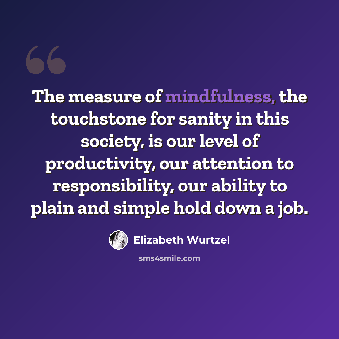 “The measure of mindfulness, the touchstone for sanity in this society, is our level of productivity, our attention to responsibility, our ability to plain and simple hold down a job.” quote by Elizabeth Wurtzel