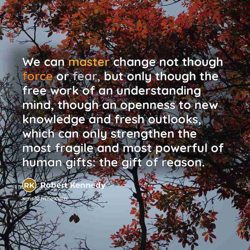 “We can master change not though force or fear, but only though the free work of an understanding mind, though an openness to new knowledge and fresh outlooks, which can only strengthen the most fragile and most powerful of human gifts: the gift of reason.” quote by Robert Kennedy