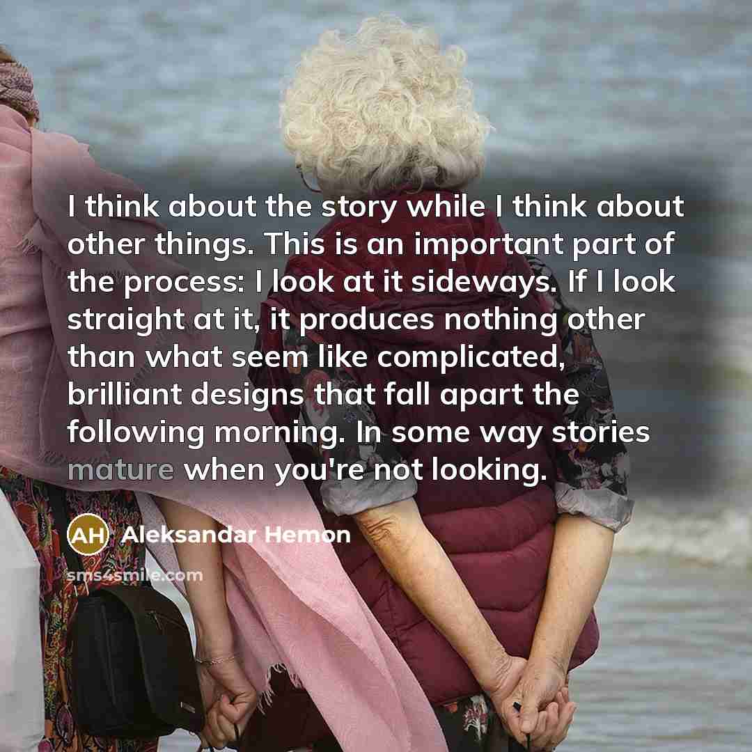 “I think about the story while I think about other things. This is an important part of the process: I look at it sideways. If I look straight at it, it produces nothing other than what seem like complicated, brilliant designs that fall apart the following morning. In some way stories mature when…” quote by Aleksandar Hemon