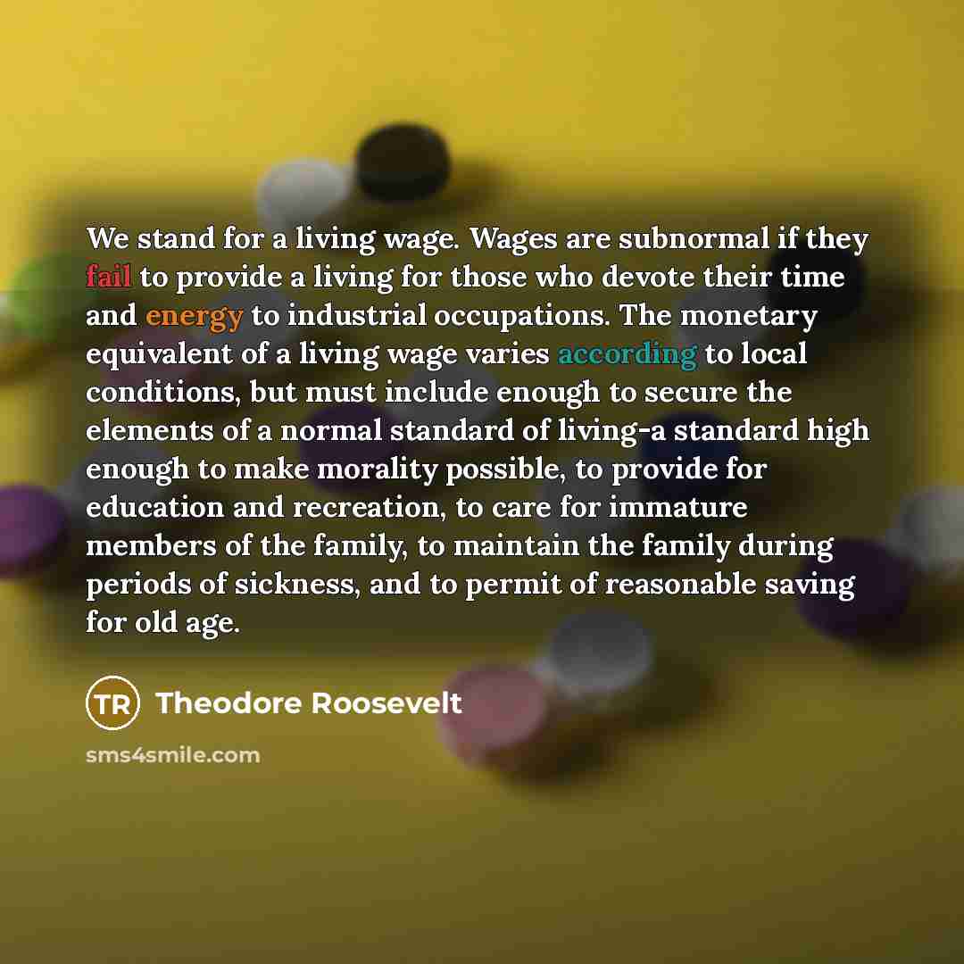 “We stand for a living wage. Wages are subnormal if they fail to provide a living for those who devote their time and energy to industrial occupations. The monetary equivalent of a living wage varies according to local conditions, but must include enough to secure the elements of a normal standard…” quote by Theodore Roosevelt