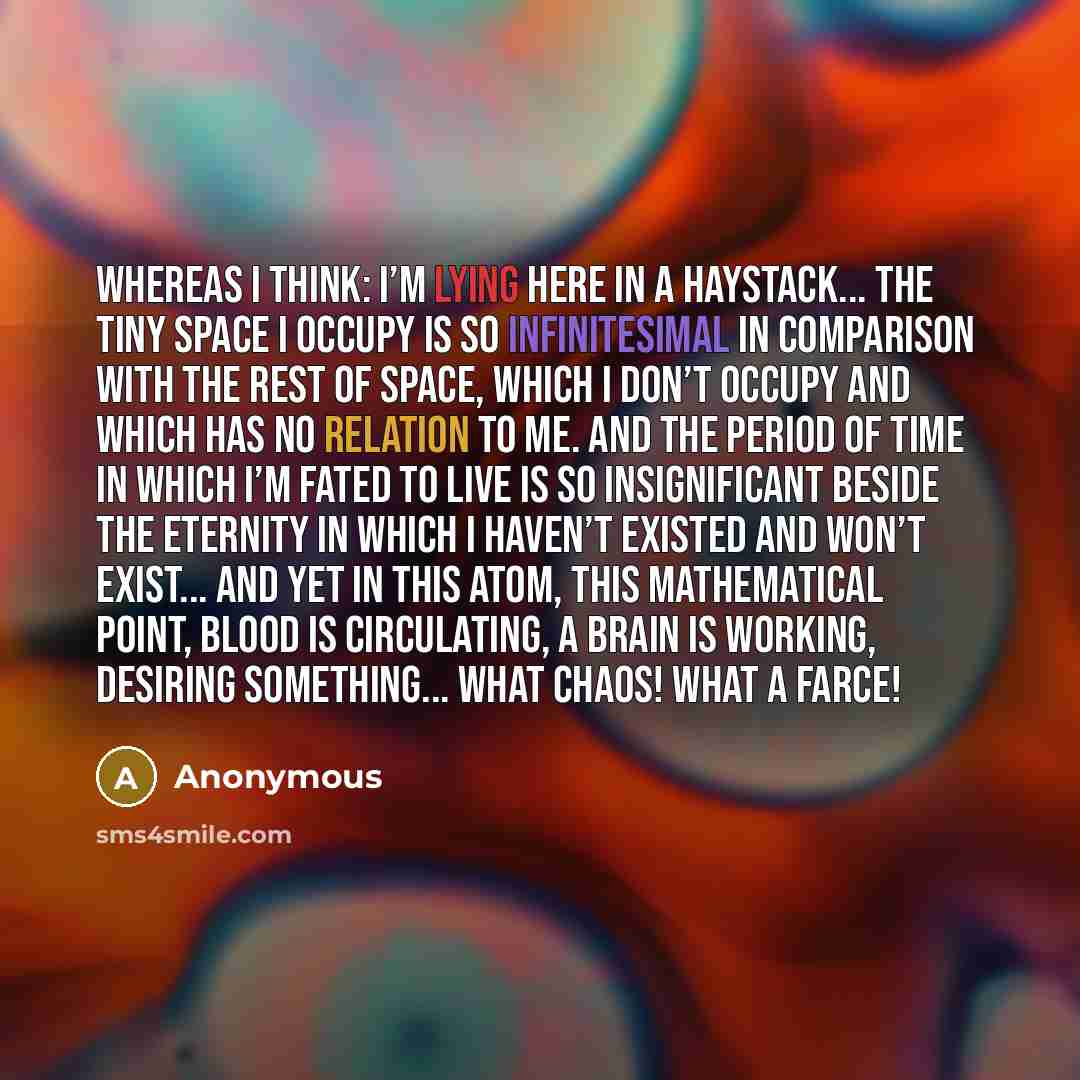 “Whereas I think: I’m lying here in a haystack... The tiny space I occupy is so infinitesimal in comparison with the rest of space, which I don’t occupy and which has no relation to me. And the period of time in which I’m fated to live is so insignificant beside the eternity in which I haven’t…” quote by Anonymous