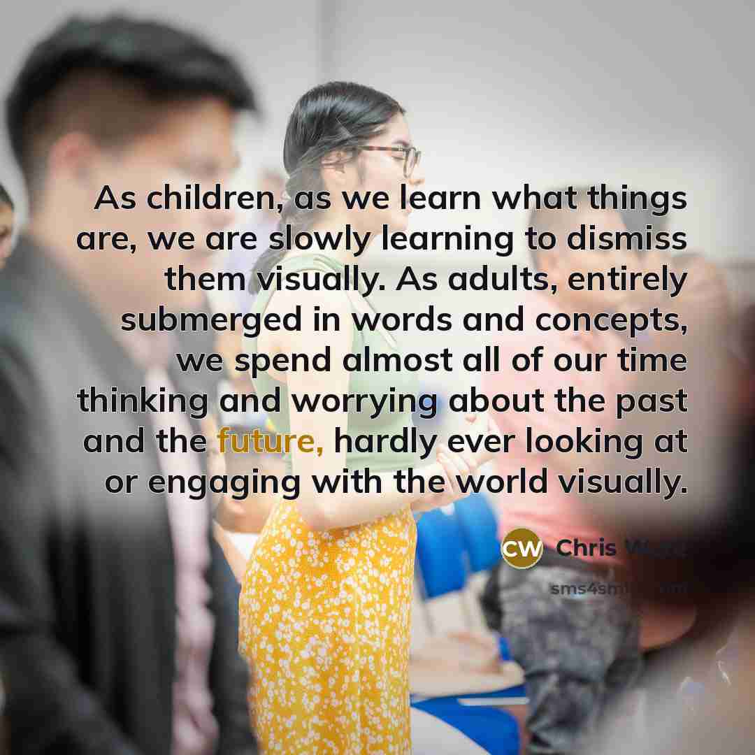 “As children, as we learn what things are, we are slowly learning to dismiss them visually. As adults, entirely submerged in words and concepts, we spend almost all of our time thinking and worrying about the past and the future, hardly ever looking at or engaging with the world visually.” quote by Chris Ware