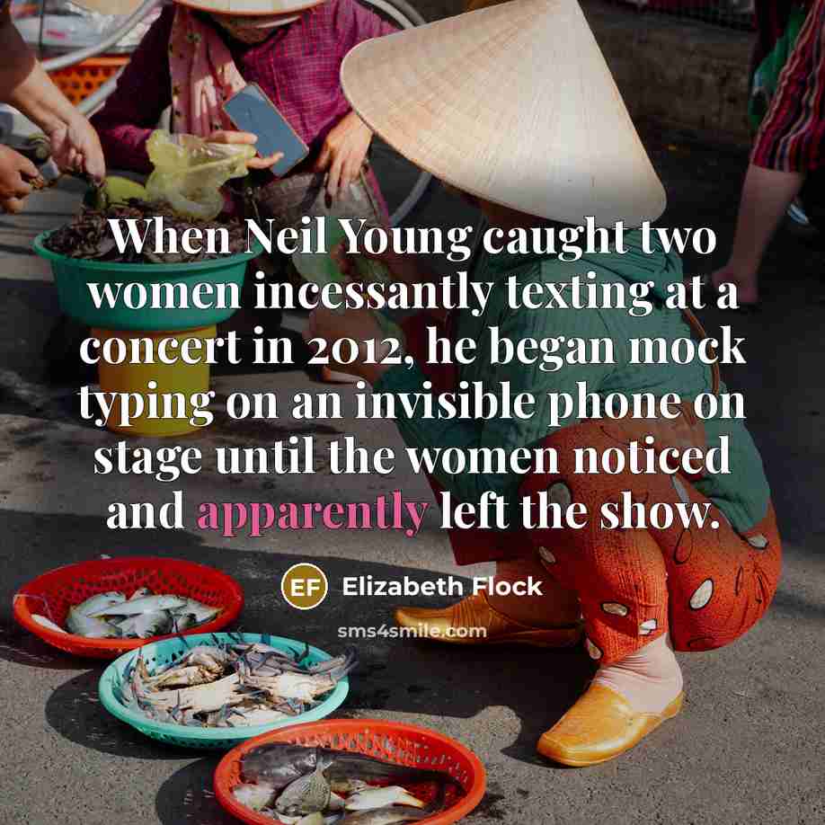“When Neil Young caught two women incessantly texting at a concert in 2012, he began mock typing on an invisible phone on stage until the women noticed and apparently left the show.” quote by Elizabeth Flock