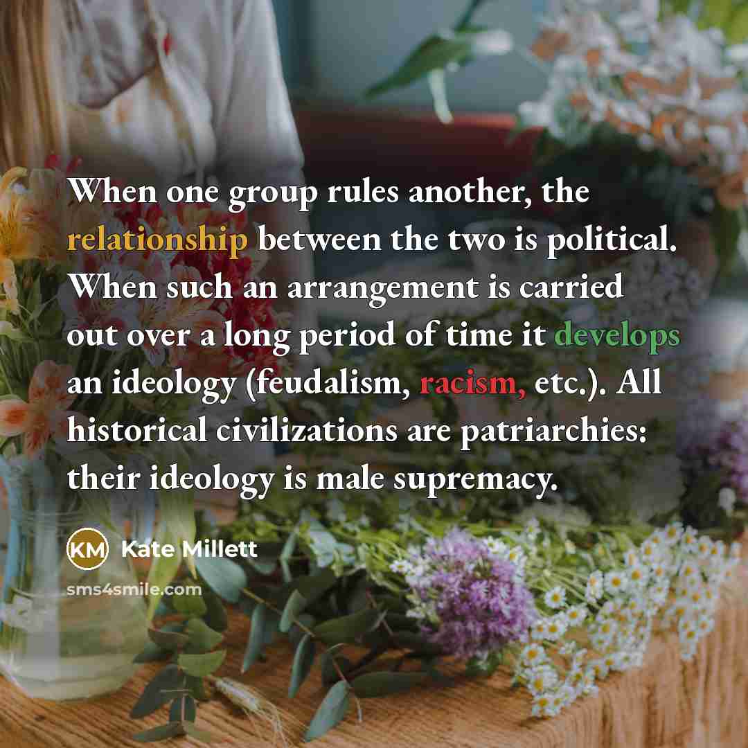 “When one group rules another, the relationship between the two is political. When such an arrangement is carried out over a long period of time it develops an ideology (feudalism, racism, etc.). All historical civilizations are patriarchies: their ideology is male supremacy.” quote by Kate Millett