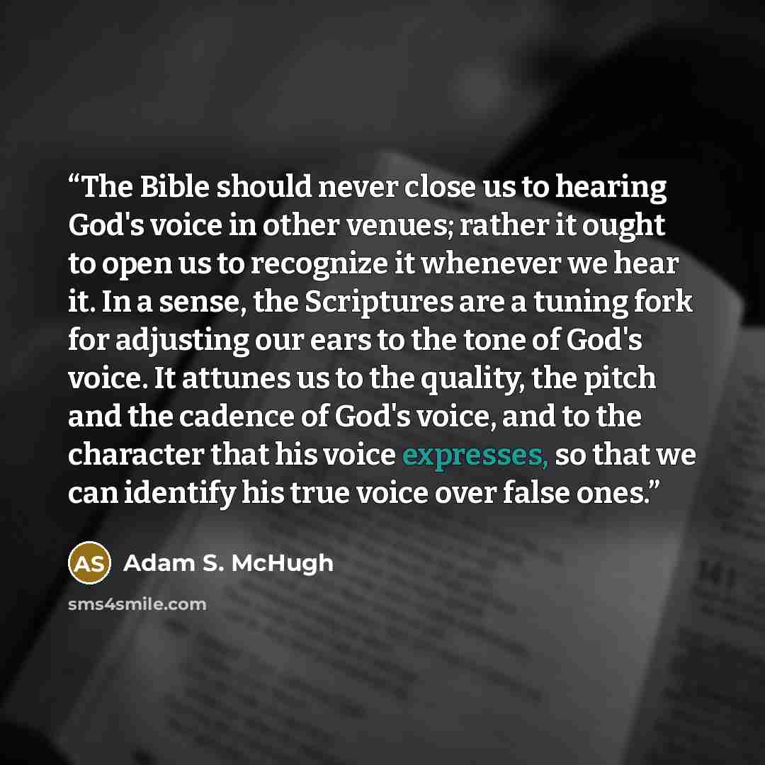 “The Bible should never close us to hearing God's voice in other venues; rather it ought to open us to recognize it whenever we hear it. In a sense, the Scriptures are a tuning fork for adjusting our ears to the tone of God's voice. It attunes us to the quality, the pitch and the cadence of God's…” quote by Adam S. McHugh