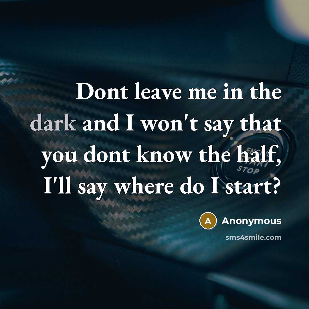 “Dont leave me in the dark and I won't say that you dont know the half, I'll say where do I start?” quote by Anonymous