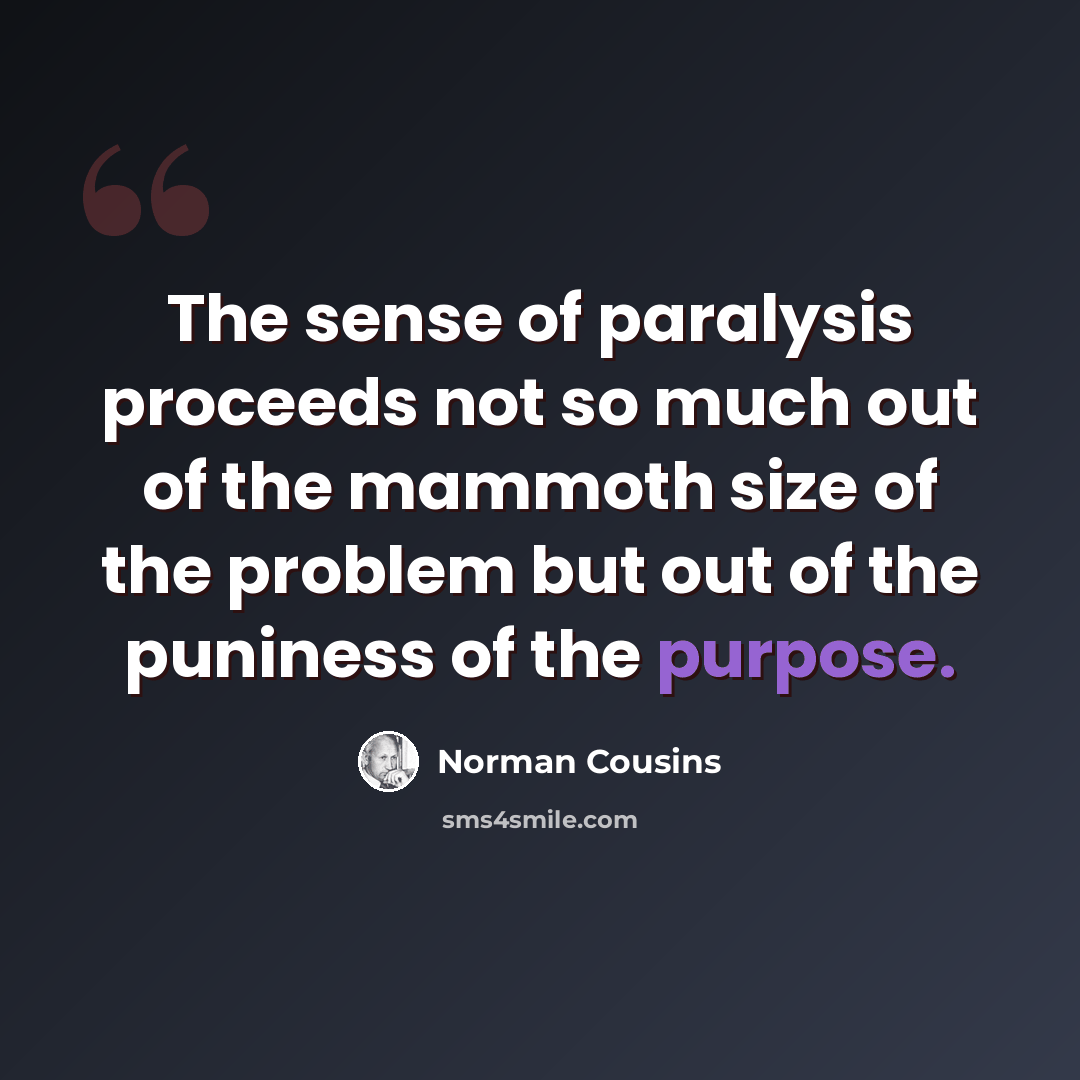 “The sense of paralysis proceeds not so much out of the mammoth size of the problem but out of the puniness of the purpose.” quote by Norman Cousins