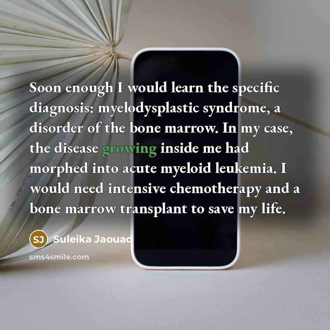 “Soon enough I would learn the specific diagnosis: myelodysplastic syndrome, a disorder of the bone marrow. In my case, the disease growing inside me had morphed into acute myeloid leukemia. I would need intensive chemotherapy and a bone marrow transplant to save my life.” quote by Suleika Jaouad