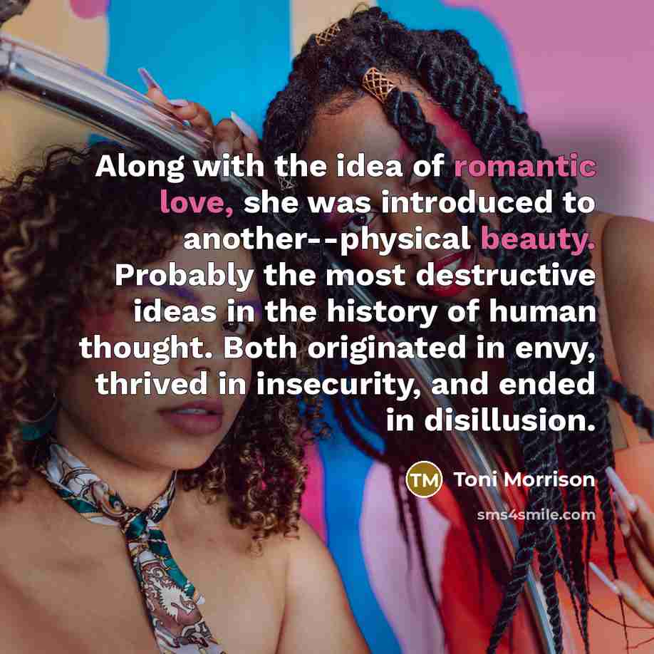“Along with the idea of romantic love, she was introduced to another--physical beauty. Probably the most destructive ideas in the history of human thought. Both originated in envy, thrived in insecurity, and ended in disillusion.” quote by Toni Morrison
