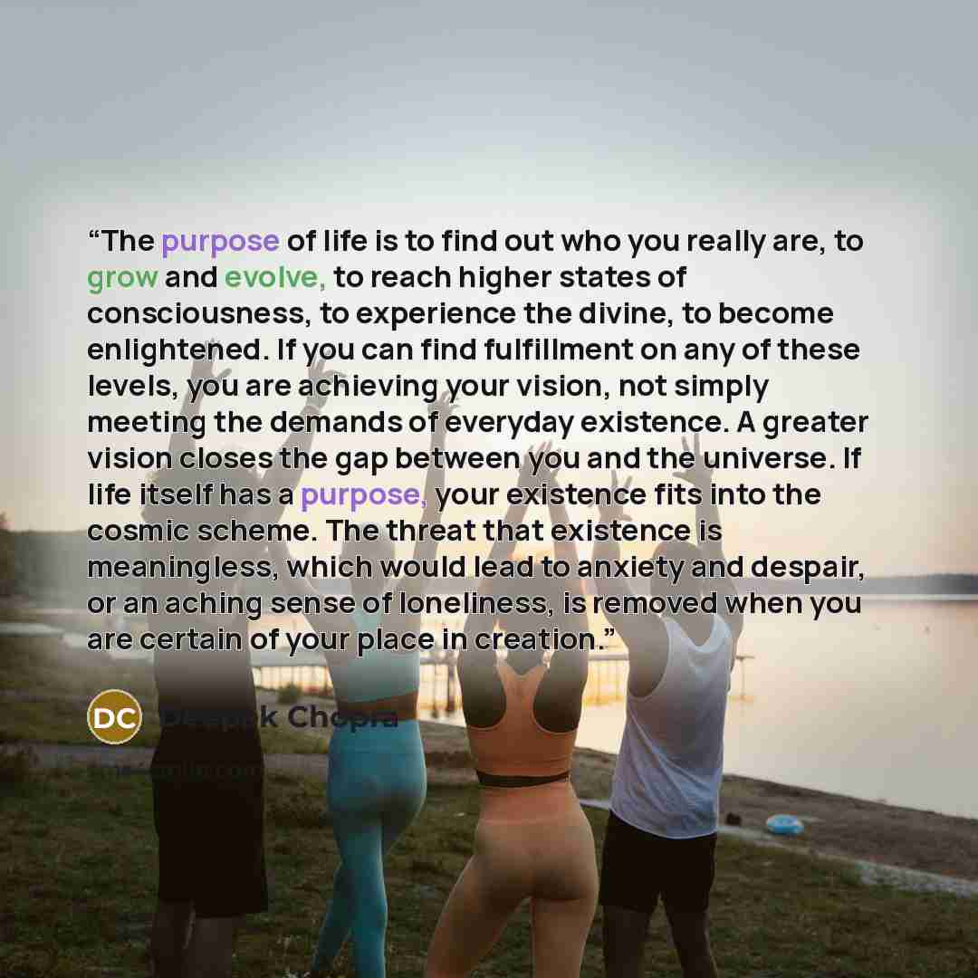 “The purpose of life is to find out who you really are, to grow and evolve, to reach higher states of consciousness, to experience the divine, to become enlightened. If you can find fulfillment on any of these levels, you are achieving your vision, not simply meeting the demands of everyday…” quote by Deepak Chopra