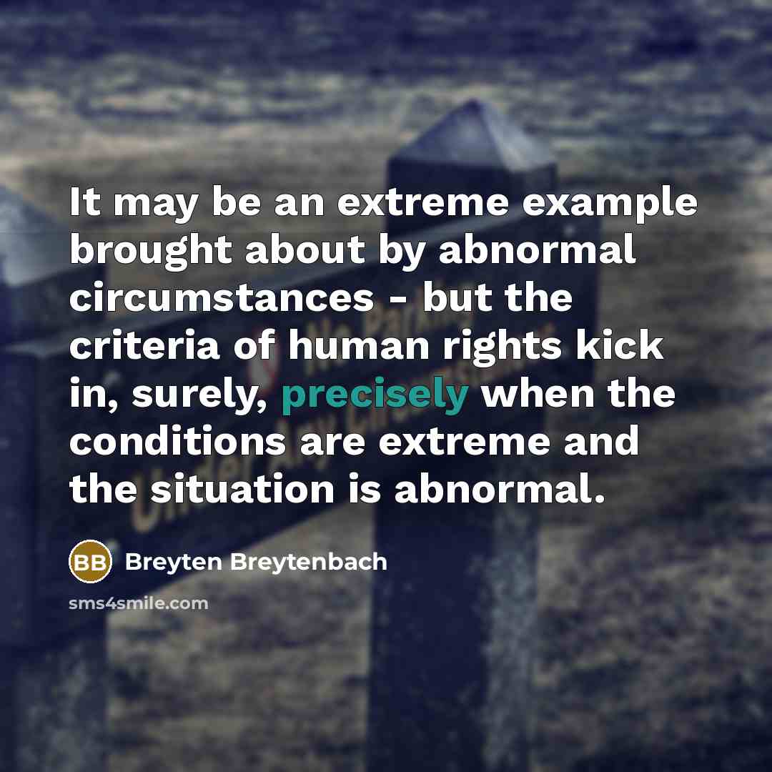 “It may be an extreme example brought about by abnormal circumstances - but the criteria of human rights kick in, surely, precisely when the conditions are extreme and the situation is abnormal.” quote by Breyten Breytenbach