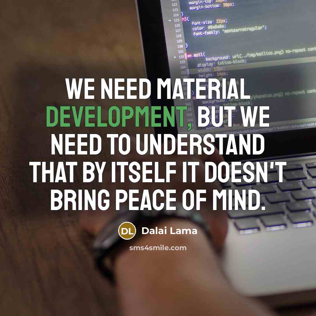 “We need material development, but we need to understand that by itself it doesn't bring peace of mind.” quote by Dalai Lama
