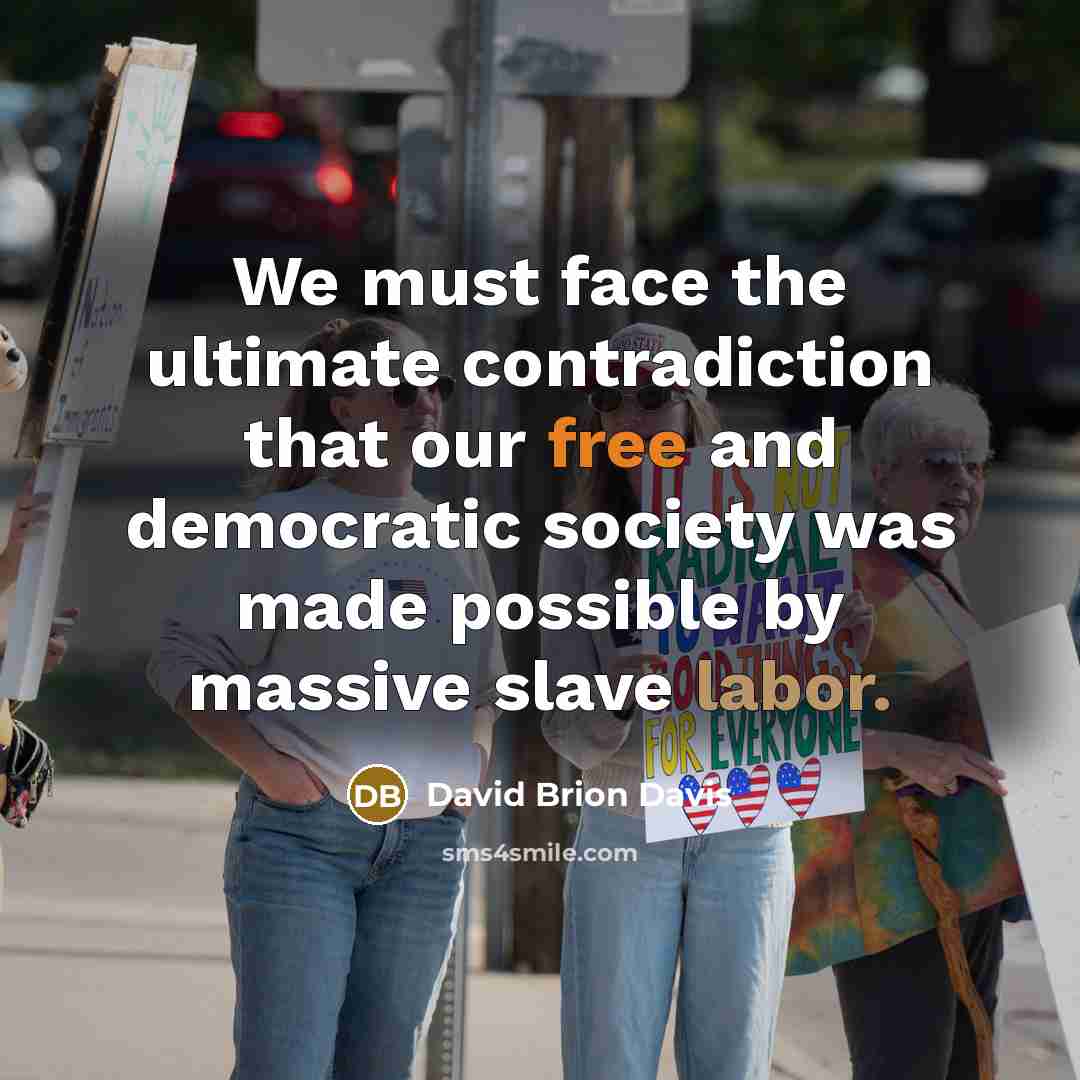 “We must face the ultimate contradiction that our free and democratic society was made possible by massive slave labor.” quote by David Brion Davis