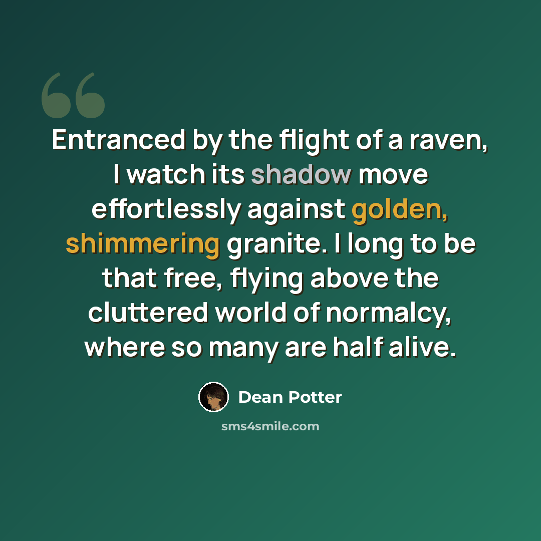 “Entranced by the flight of a raven, I watch its shadow move effortlessly against golden, shimmering granite. I long to be that free, flying above the cluttered world of normalcy, where so many are half alive.” quote by Dean Potter