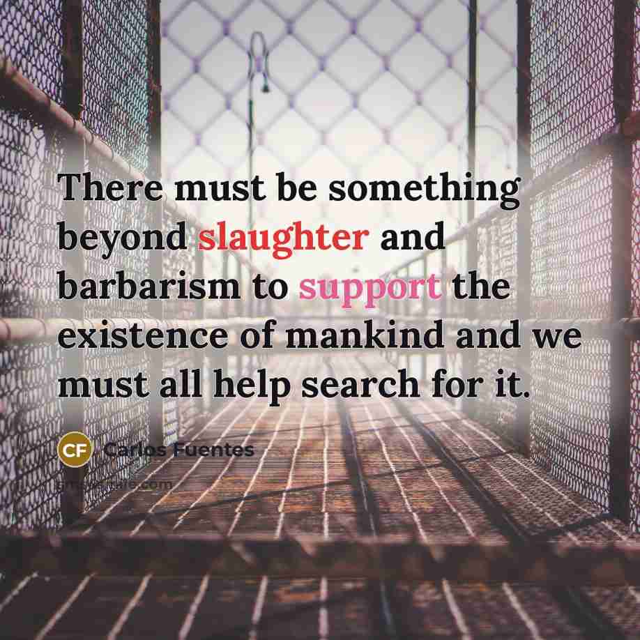 “There must be something beyond slaughter and barbarism to support the existence of mankind and we must all help search for it.” quote by Carlos Fuentes