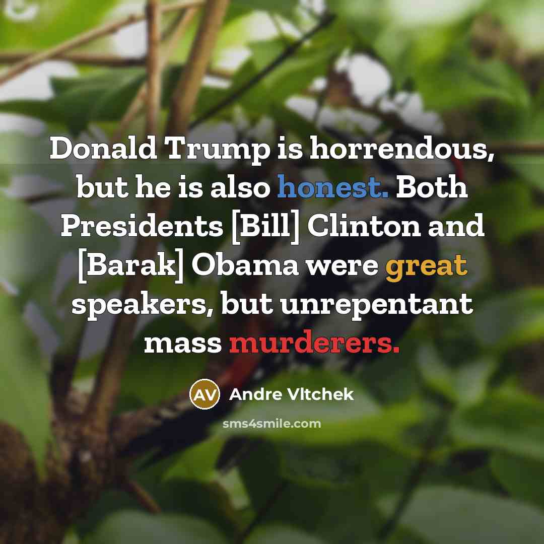 “Donald Trump is horrendous, but he is also honest. Both Presidents [Bill] Clinton and [Barak] Obama were great speakers, but unrepentant mass murderers.” quote by Andre Vltchek