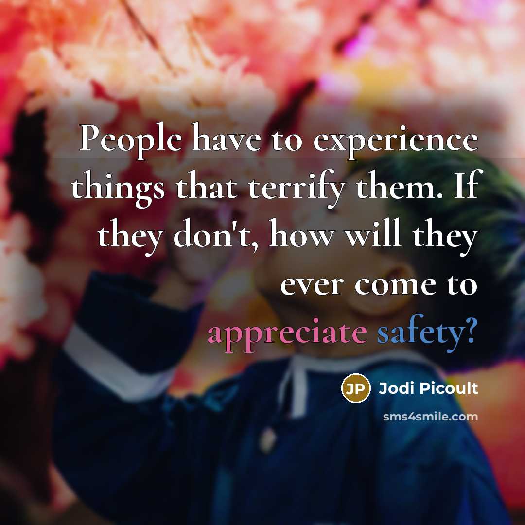 “People have to experience things that terrify them. If they don't, how will they ever come to appreciate safety?” quote by Jodi Picoult