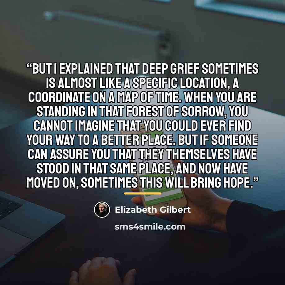 “But I explained that deep grief sometimes is almost like a specific location, a coordinate on a map of time. When you are standing in that forest of sorrow, you cannot imagine that you could ever find your way to a better place. But if someone can assure you that they themselves have stood in that…” quote by Elizabeth Gilbert