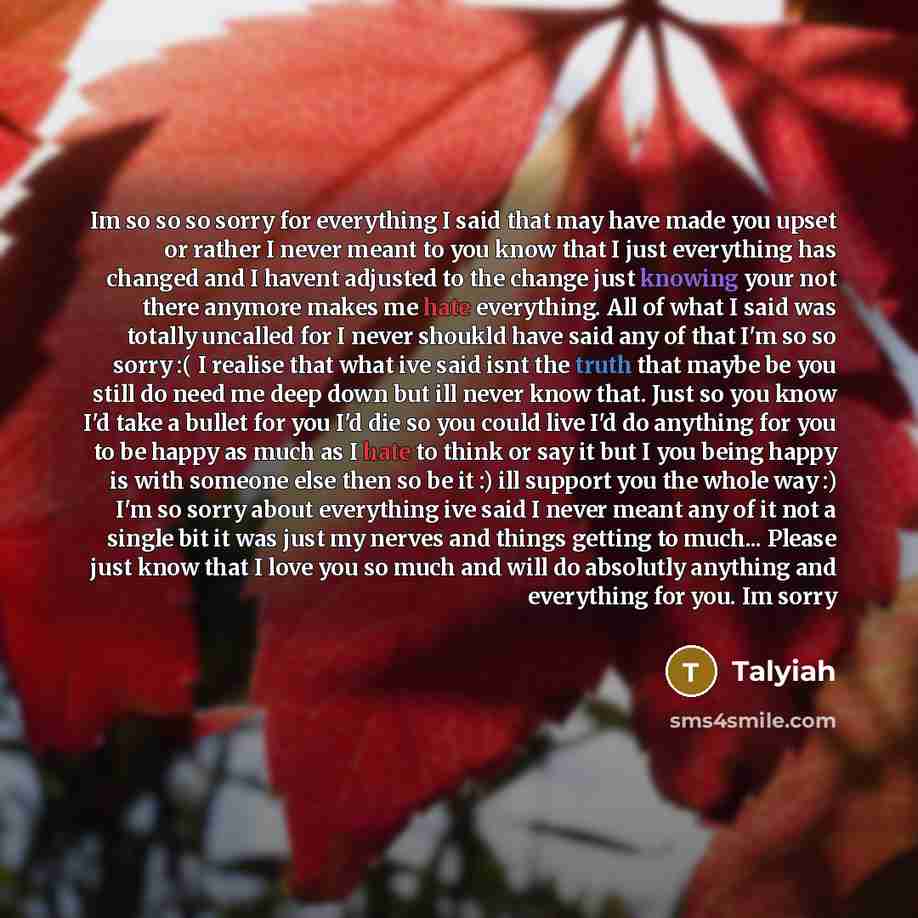 “Im so so so sorry for everything I said that may have made you upset or rather I never meant to you know that I just everything has changed and I havent adjusted to the change just knowing your not there anymore makes me hate everything. All of what I said was totally uncalled for I never shoukld…” quote by Talyiah