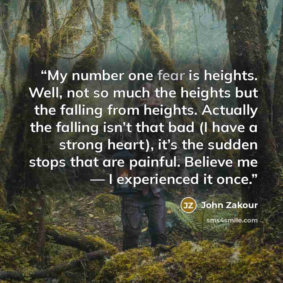 “My number one fear is heights. Well, not so much the heights but the falling from heights. Actually the falling isn’t that bad (I have a strong heart), it’s the sudden stops that are painful. Believe me — I experienced it once.” quote by John Zakour