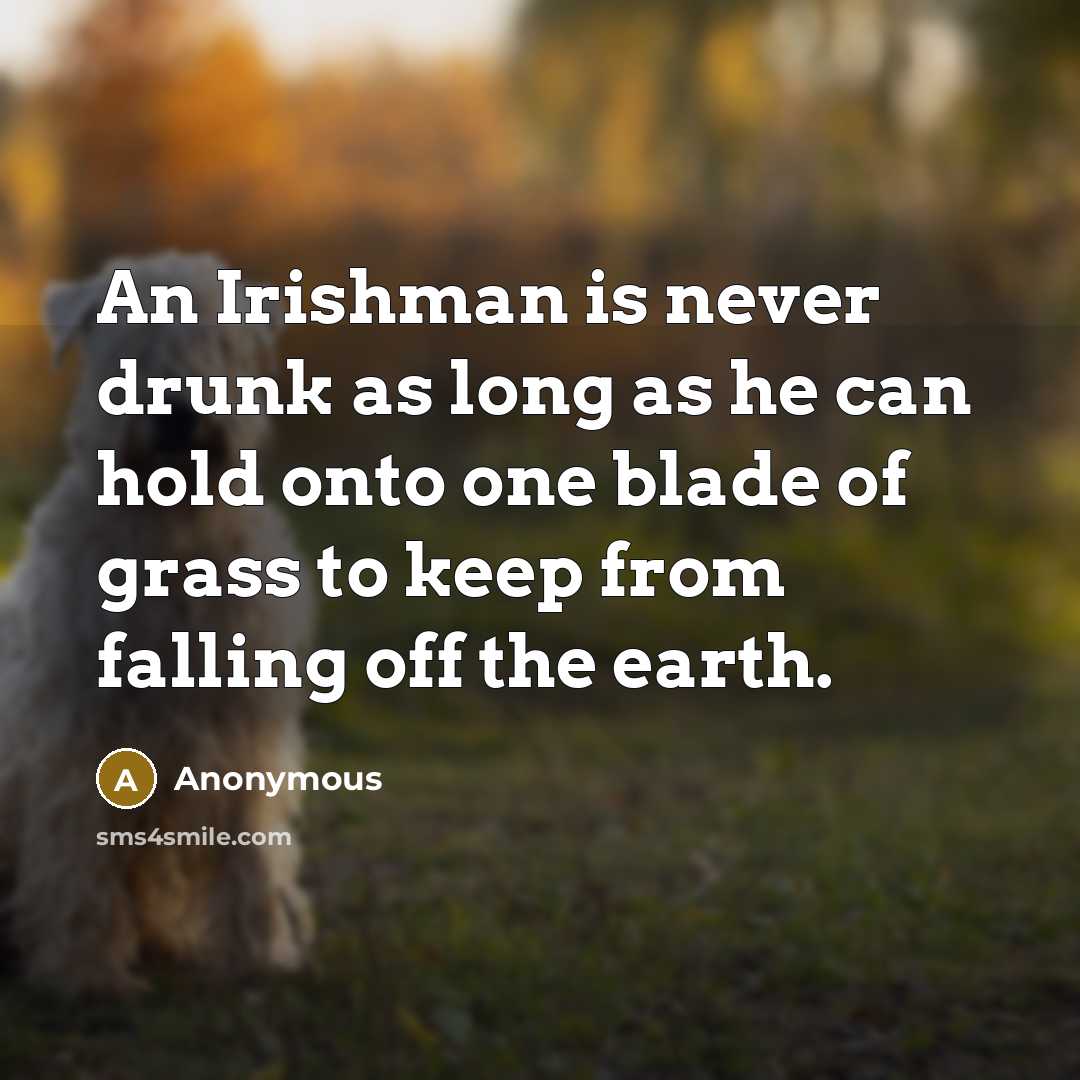 “An Irishman is never drunk as long as he can hold onto one blade of grass to keep from falling off the earth.” quote by Anonymous
