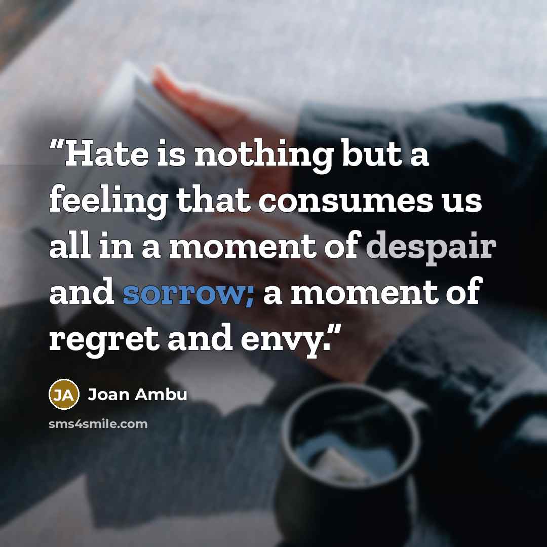 “Hate is nothing but a feeling that consumes us all in a moment of despair and sorrow; a moment of regret and envy.” quote by Joan Ambu