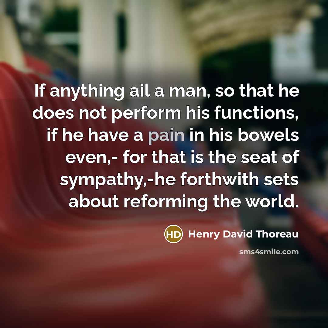 “If anything ail a man, so that he does not perform his functions, if he have a pain in his bowels even,- for that is the seat of sympathy,-he forthwith sets about reforming the world.” quote by Henry David Thoreau