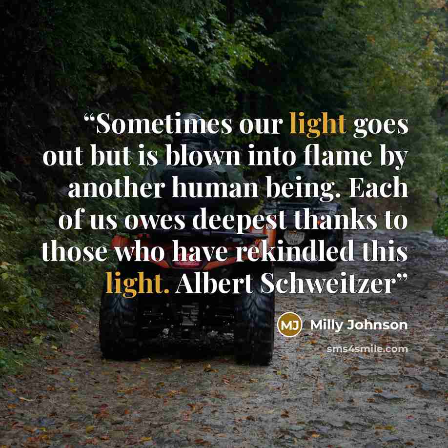 “Sometimes our light goes out but is blown into flame by another human being. Each of us owes deepest thanks to those who have rekindled this light. Albert Schweitzer” quote by Milly Johnson